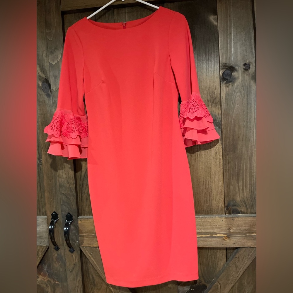 Calvin Klein Lace-Trim Bell-Sleeve Sheath Dress, Coral, Size 4